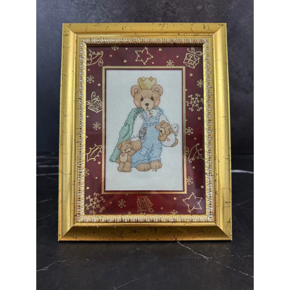 Hand Crafted Cross Stitch Royal Bear Framed Matted Holiday Christmas Art 8X7